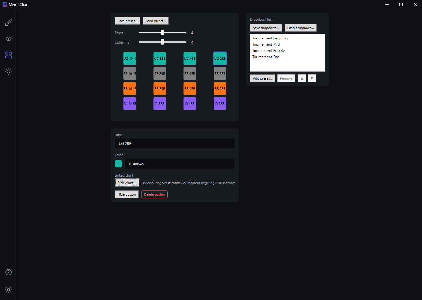 Configurator: a button grid being designed, with per-button label, color, and linked chart
